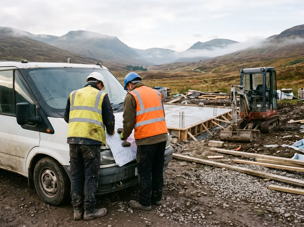 Two builders reading plans on the bonnet of a van on a Highland site